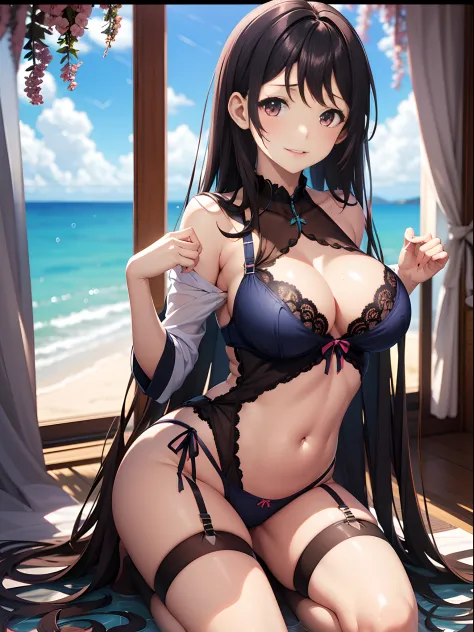 （Enrich the picture，Masterpiece level quality）Beautiful 8K CG artwork，Goddess-like posture，sittinng on the river，Postural exercises，Slim and soft，Translucent skin，Black hair、The beauty of extra-long hair, Super Long Straight Hair，The skin is fair and juicy...