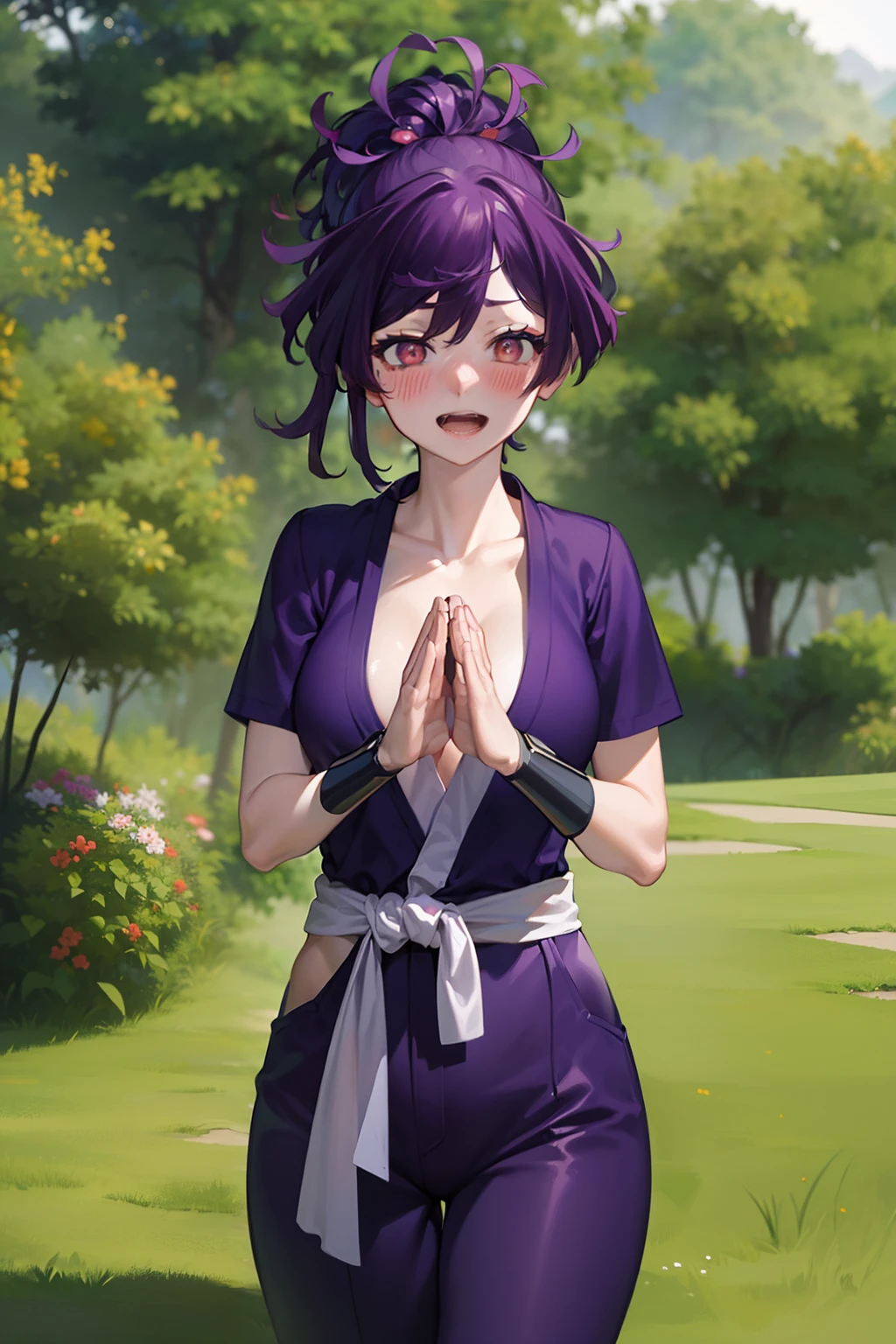 best quality, masterpiece, (praying:1.4), standing, pov, 1girl, yuzuriha_(jigokuraku), purple hair, brown eyes, ninja, open clothes, cleavage, small breasts, topknot, medium hair, looking at viewer, outdoors, forest, open mouth, purple boots, bush, seductive smile, pants, (blush:1.2), (NSFW 1.5)