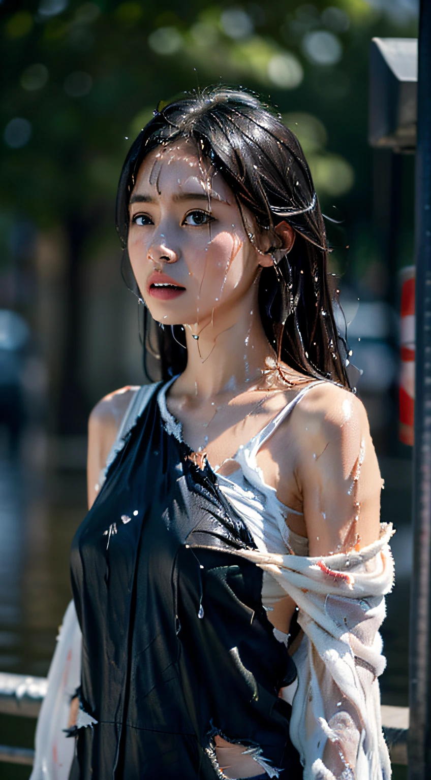 Best picture quality, masterpiece, ultra high resolution, (fidelity :1.4), photo, 1 girl,[(sadness)],white shirt, Dim, dark, desperate, pitying, pitiful, cinematic,tear,teardrop,(Torn clothes:1.5), (Wet clothes:1.4), bare shoulders,Real rain,wet hair,..