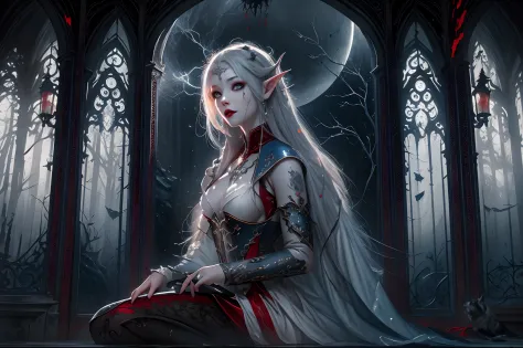 a picture of vampire elf in her castle and her pet wolf, an exquisite beautiful female elf vampire (ultra detailed, Masterpiece,...