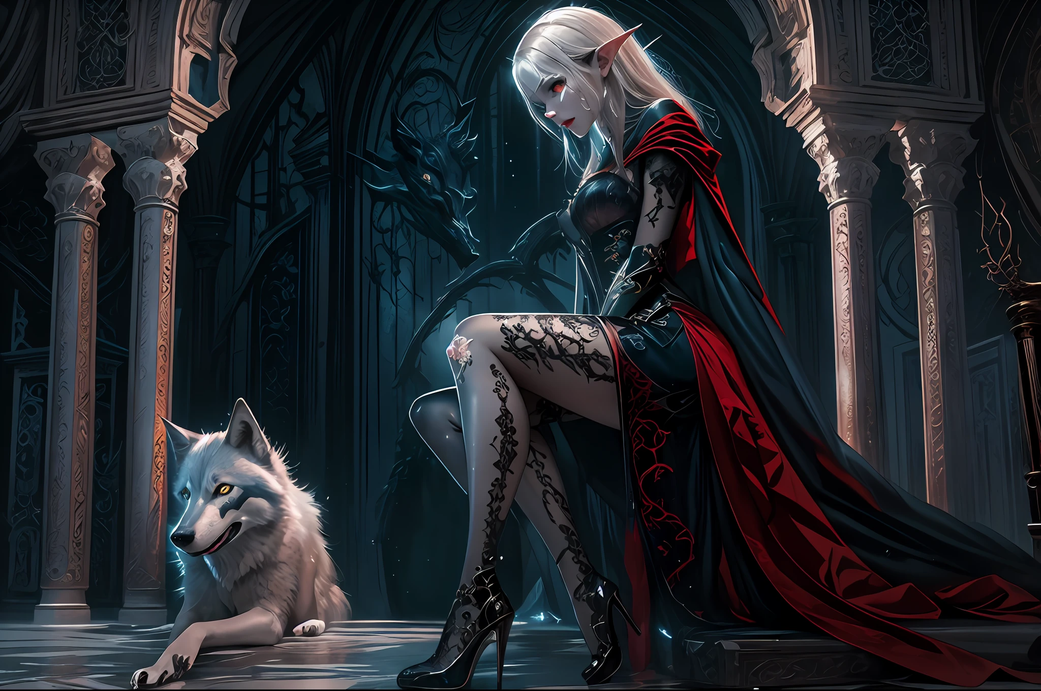 a picture of vampire elf in her castle and her pet wolf, an exquisite beautiful female elf vampire (ultra detailed, Masterpiece, best quality), full body, ultra detailed face (ultra detailed, Masterpiece, best quality), grey skin, blond hair, hair in a ponytail, long hair, blue eyes, cold eyes, glowing eyes, intense, eyes small pointed ears, smirking, smile with drops of blood on face (ultra detailed, Masterpiece, best quality), dark red lips, [vampire fangs], wearing white dress (ultra detailed, Masterpiece, best quality), dark blue cloak, high heeled boots in dark fantasy library, with an big grey wolf (Masterpiece, best quality) book shelves, high details, best quality, 8k, [ultra detailed], masterpiece, best quality, (ultra detailed), full body, ultra wide shot, photorealism, RAW, dark fantasy art, moon light coming through the window, moon rays, gothic art, sense of dread, sense of seduction