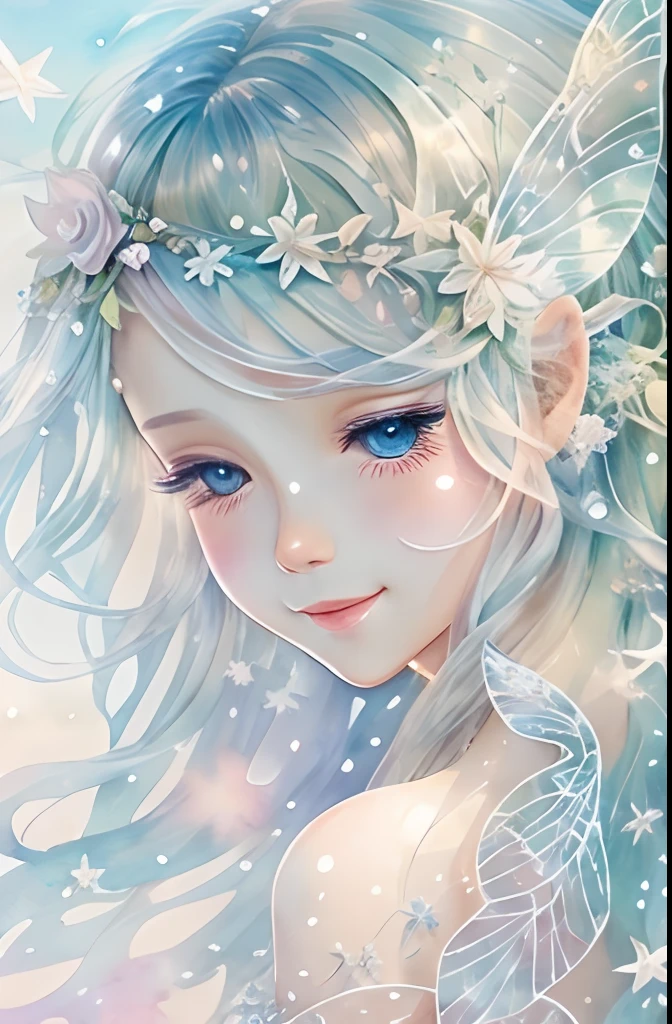 Beautiful fairy with a sense of transparency､Beautiful sparkling ocean、Transparent feathers､kindly smile､Summer background､Gentle and transparent fairy､Watercolor Paint