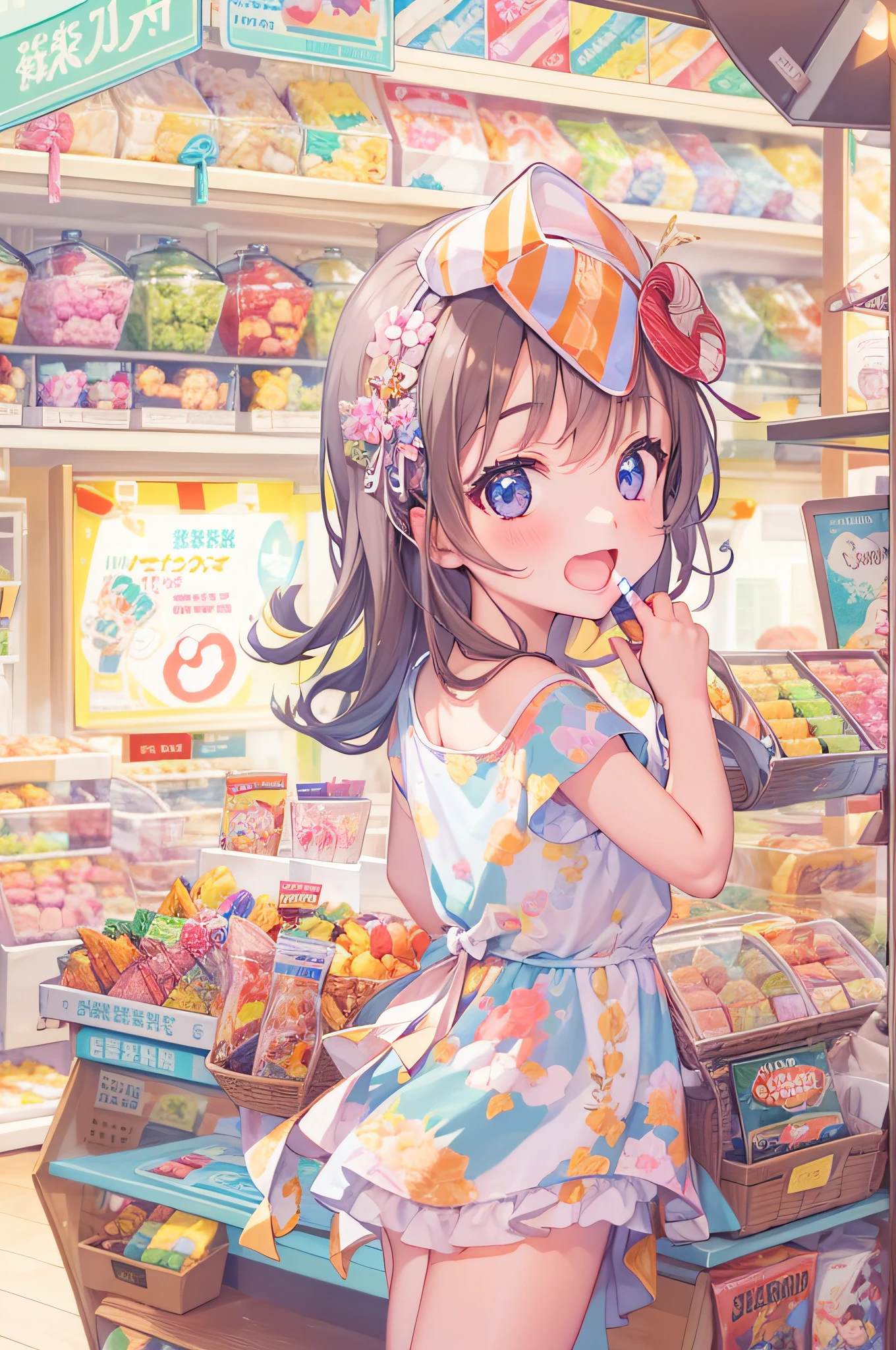 Anime girl in a store with a candy stand in the background - SeaArt AI