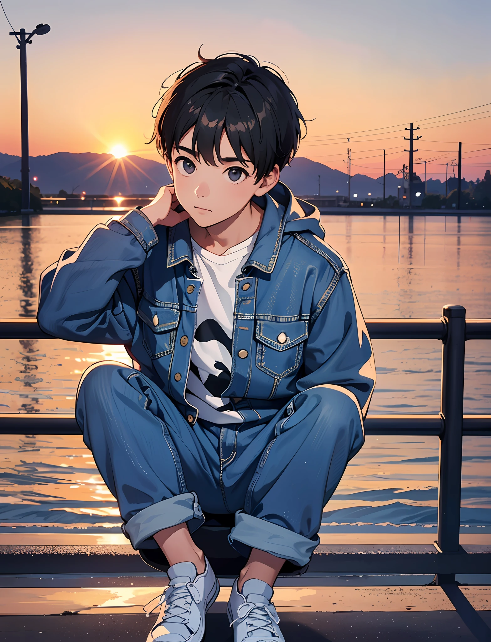 A young boy with，Wear a denim jacket，Wear sneakers，Sit on a wooden bench by the side of the road，Looking at the clouds in the sky，Pedestrians shuttling，Sunset and sunset，Close-up full-body photo，Ultra-high definition