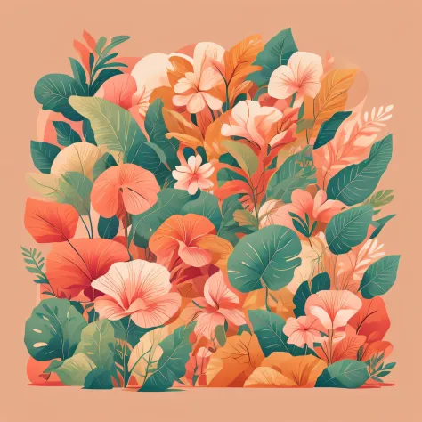 Flora Print，Soft beige，pastel pink，Tropical plants，rzminjourney，vectorial art，Design loops