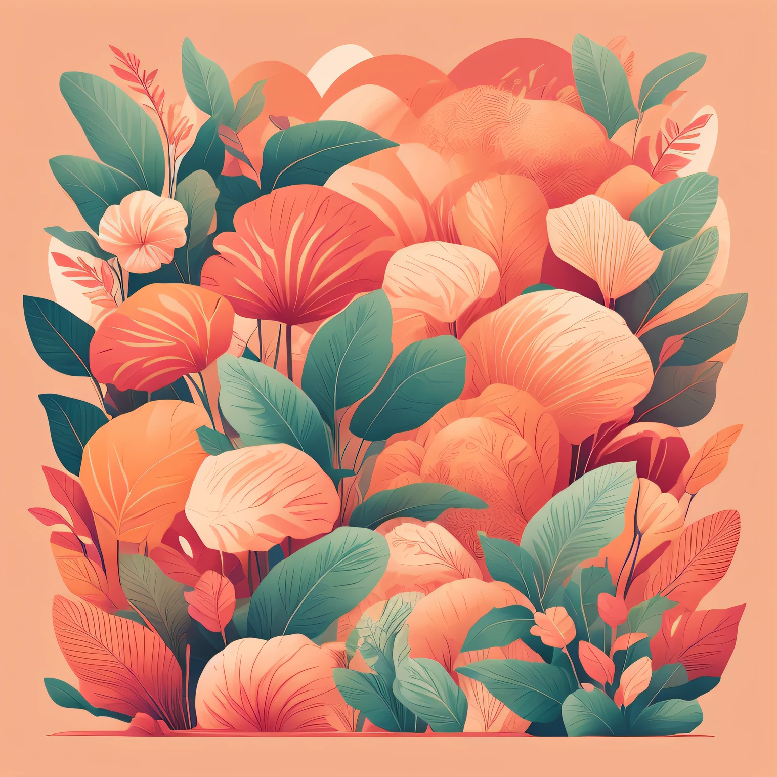 Flora Print，Soft beige，pastel pink，Tropical plants，rzminjourney，vectorial art，Design loops