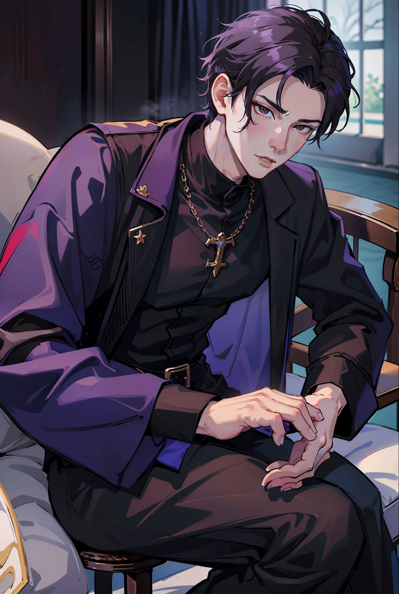 Moonlight behind, Rest in the mansion, Man with bright purple hair, inspired by Sim Sa-jeong, nixeu and sakimichan, Inspired by Wang Duo, Morgoth, inspired by Bian Shoumin, inspired by Gang Se-hwang, inspired by jeonseok lee, Tumbler, high-level image quality、 beautiful male、tall、𝓡𝓸𝓶𝓪𝓷𝓽𝓲𝓬、Korean Male, k pop, Professional Photos, Vampires, À la Fed Man with Necklace, inspired by Sim Sa-jeong, androgynous vampire, :9 detailed face: 8, extra detailed face, detailed punk hair, ((Brown eyes)) baggy eyes, Seductive. Highly detailed, semi realistic anime, Vampires, hyperrealistic teen, delicate androgynous prince, imvu, short hair above the ears, Man with short hair, Bangs parted in the center, Glaring expression, Cool pose, Korean fashion with black suit revealing chest plate, Realistic world view