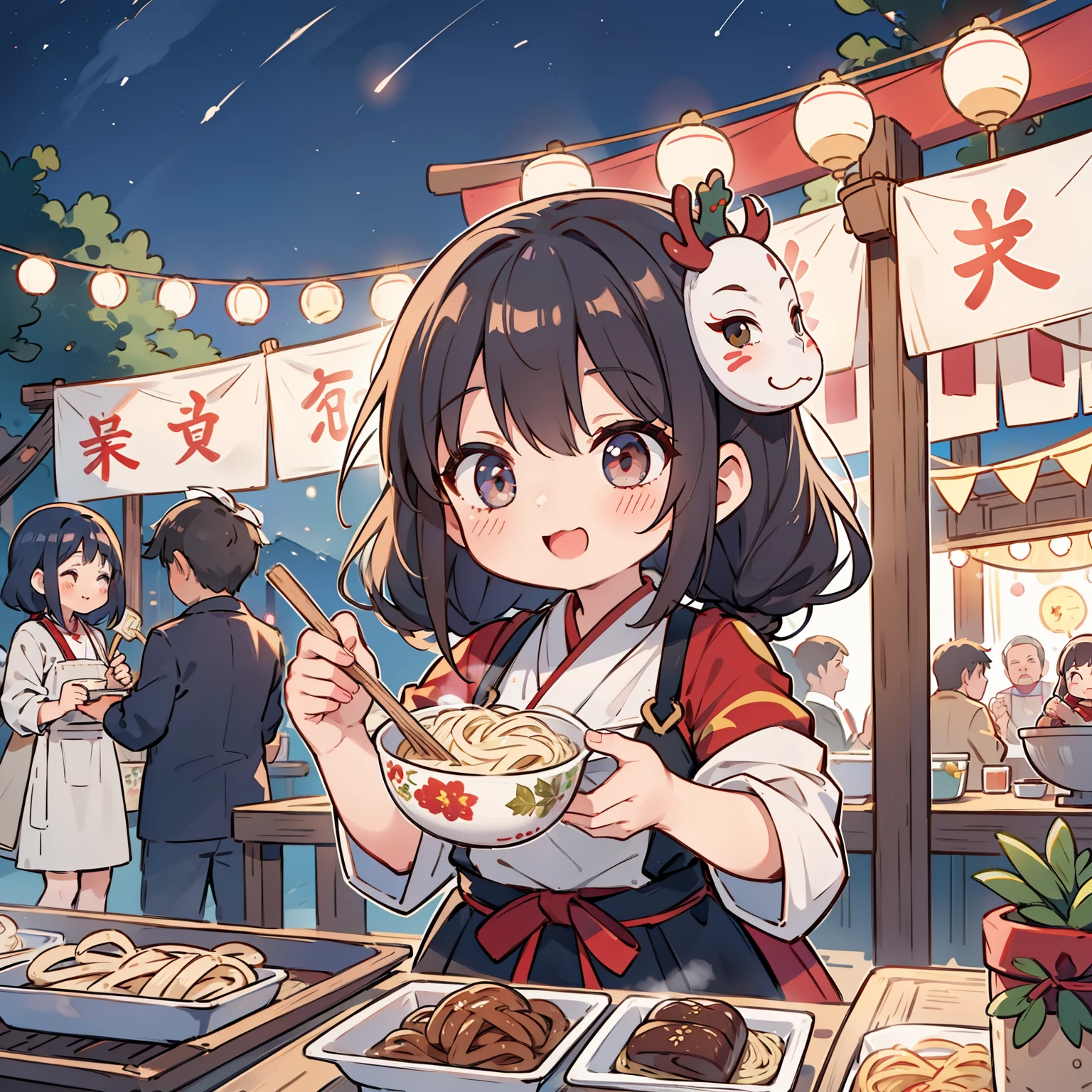 "Um festival que serve alegremente comida deliciosa para as pessoas sob o céu noturno, em meio ao clima festivo, com todos usando máscaras tradicionais do festival e apreciando o aroma do macarrão soba recém-cozido."