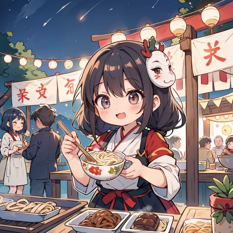"A little girl joyfully serving delicious festival food to people under the night sky, amidst the festive atmosphere, with every...