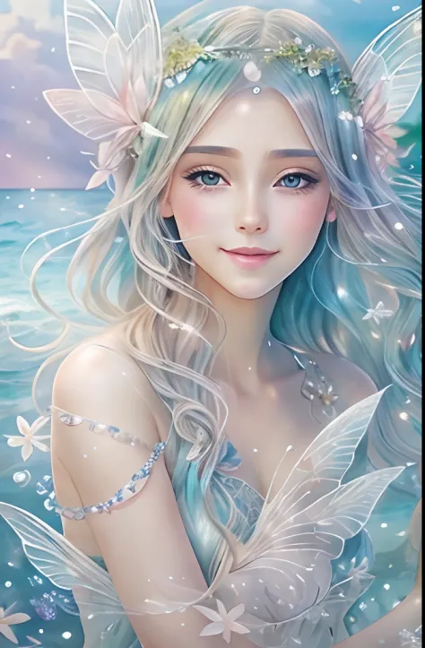 Beautiful fairy with a sense of transparency､Beautiful sparkling ocean、Transparent feathers､kindly smile､Summer background､Gentl...