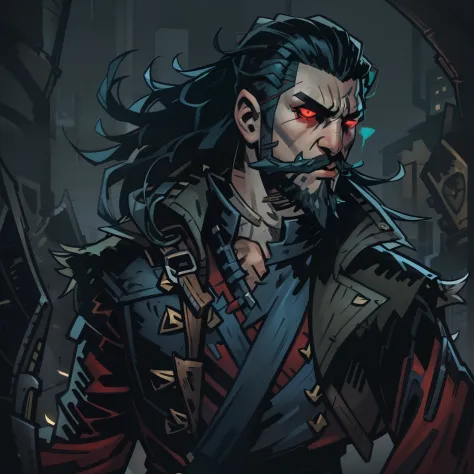 Darkest dungeon style, one man, hunk, shoulder long hair, cruel face, short beard, glowing red eyes, dark blue hair, wearing big...