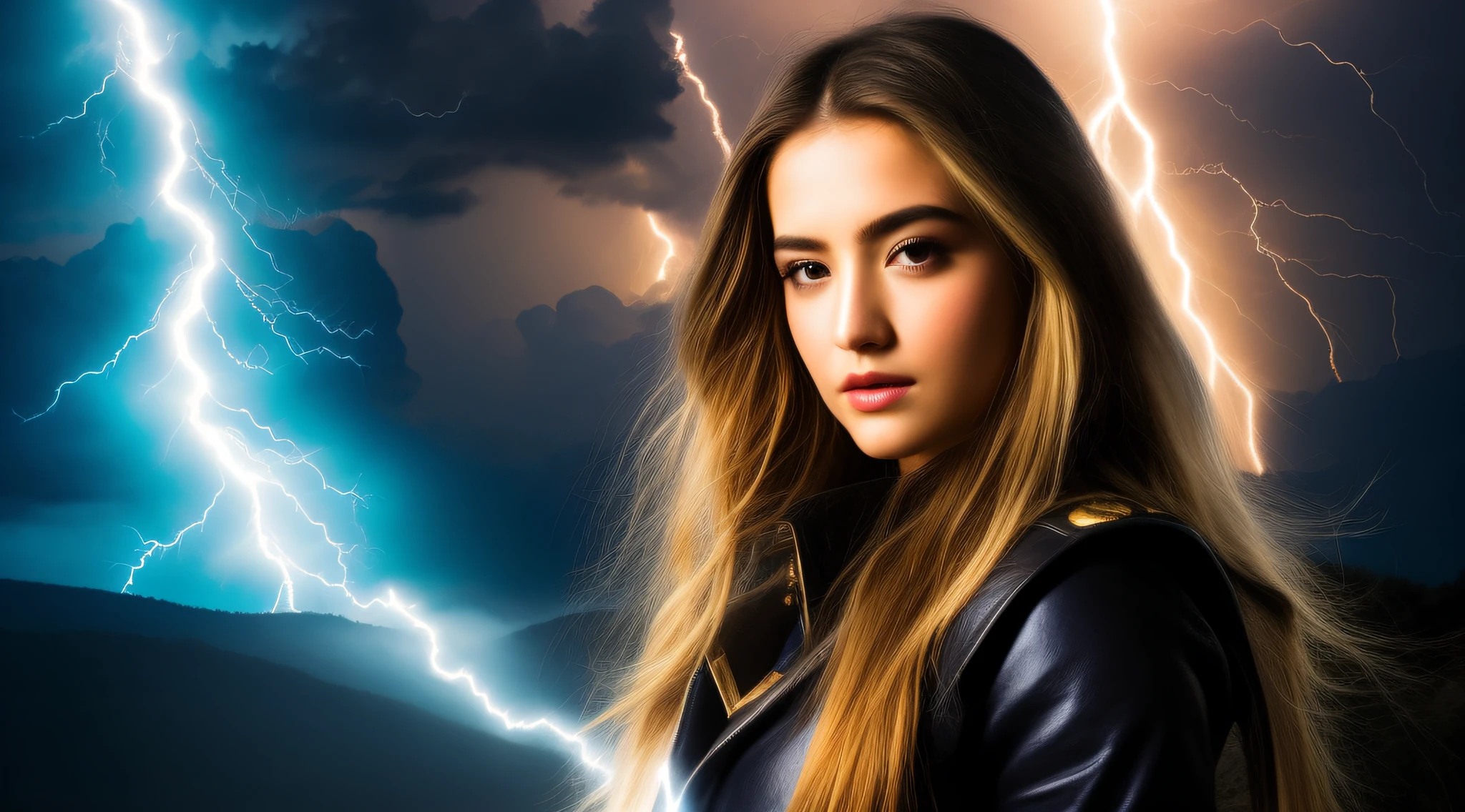 um close up de uma jovem kids blonde long hair segurando um raio, com chapeu de bruxa, splashes of lightning behind her, goddess of lightning, lightning fantasy magic,  with magical powers, she is attracting lightnings, japanese lightning goddess, maya ali as a lightning mage, efeitos de raios, amazing lightning art, magic and lightning, Explosive lightning spell, eletrizante, epic magical effects