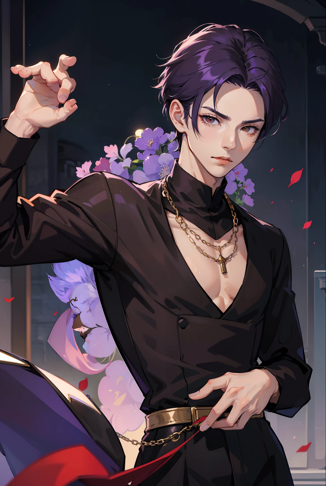 Moonlight behind, Rest in the mansion, Man with bright purple hair, inspired by Sim Sa-jeong, nixeu and sakimichan, Inspired by Wang Duo, Morgoth, inspired by Bian Shoumin, inspired by Gang Se-hwang, inspired by jeonseok lee, Tumbler, high-level image quality、 beautiful male、tall、𝓡𝓸𝓶𝓪𝓷𝓽𝓲𝓬、Korean Male, k pop, Professional Photos, Vampires, À la Fed Man with Necklace, inspired by Sim Sa-jeong, androgynous vampire, :9 detailed face: 8, extra detailed face, detailed punk hair, ((Brown eyes)) baggy eyes, Seductive. Highly detailed, semi realistic anime, Vampires, hyperrealistic teen, delicate androgynous prince, imvu, short hair above the ears, Man with short hair, Bangs parted in the center, Glaring expression, Cool pose, Korean fashion with black suit revealing chest plate, Realistic world view