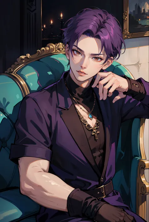 Moonlight behind, Rest in the mansion, Man with bright purple hair, inspired by Sim Sa-jeong, nixeu and sakimichan, Inspired by ...