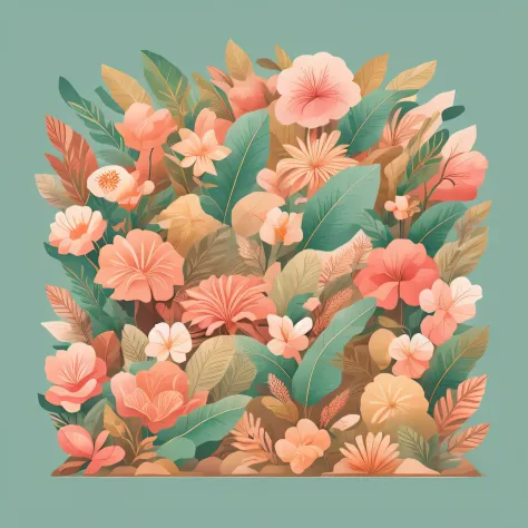 Flora Print，Soft beige，pastel pink，Tropical plants，rzminjourney，vectorial art，Design loops