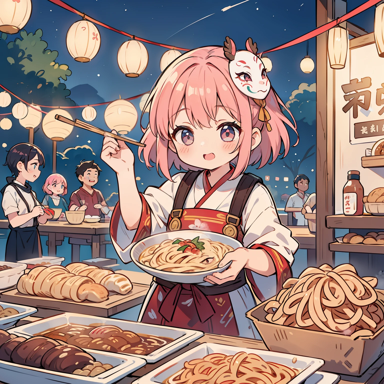 "A  with short pink hair (bonned hairstyle) joyfully serving delicious festival food to people under the night sky, amidst the festive atmosphere, with everyone wearing traditional festival masks and enjoying the aroma of freshly cooked soba noodles."