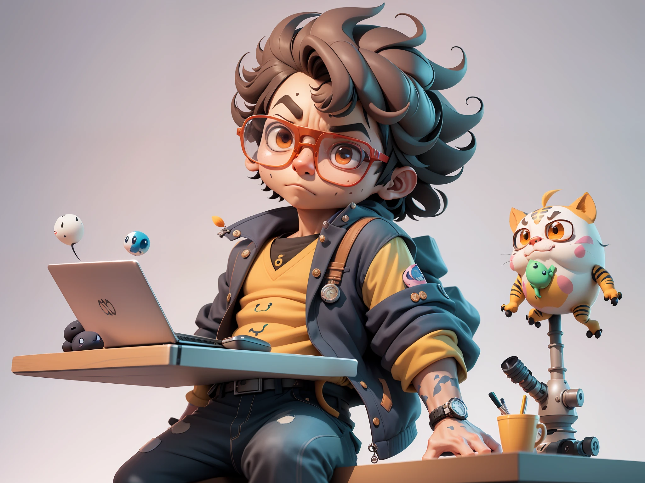 A young man in a suit, Short hair and glasses sat at his desk，holding laptop，digitial painting，tigre，3D character design by Mark Clairen and Pixar and Hayao Miyazaki and Akira Toriyama，4K HD illustration，Very detailed facial features and cartoon-style visuals。