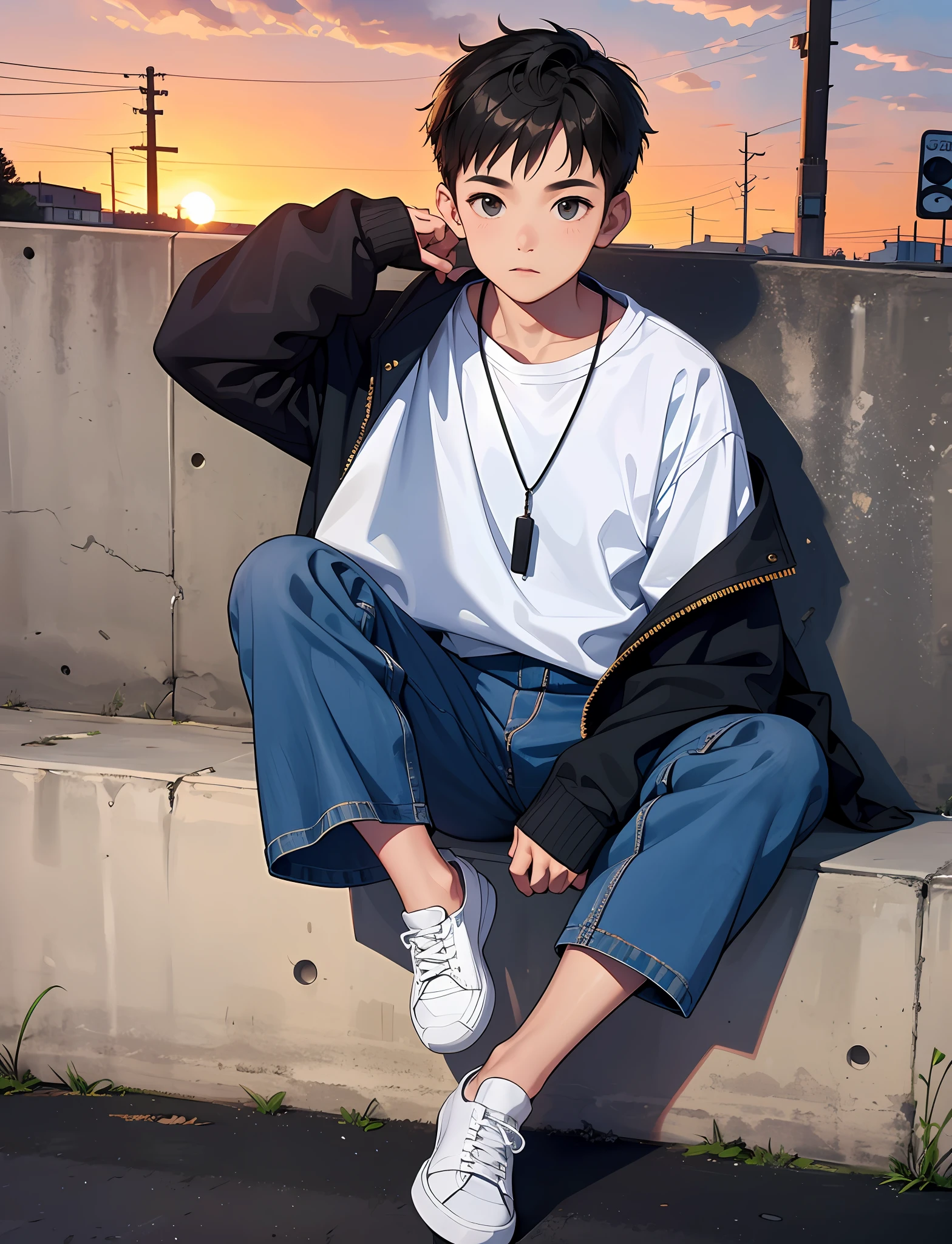 A young boy with，Wear a denim jacket，Wear sneakers，With a necklace，Wrist watch，Sit on a wooden bench by the side of the road，Looking at the clouds in the sky，Pedestrians shuttling，Sunset and sunset，Close-up full-body photo，Ultra-high definition