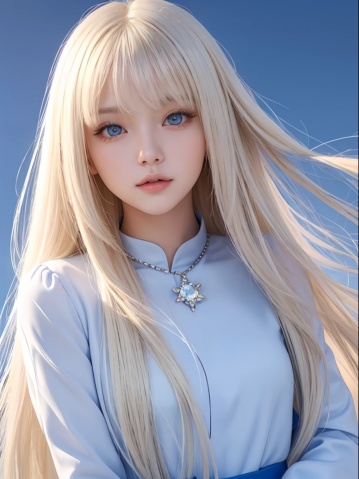 1 girl、portlate、student clothes、blue-sky、Bright and very beautiful face、年轻, shiny white shiny skin、Best Looks、Blonde hair with dazzling light reflection、Beautiful Platinum Blonde Super Long Silky Straight Hair Gloss、Long bangs、Extraordinarily beautiful 17 years old、Big eyes that shine crystal clear light blue、Beautiful lovely beautiful girl