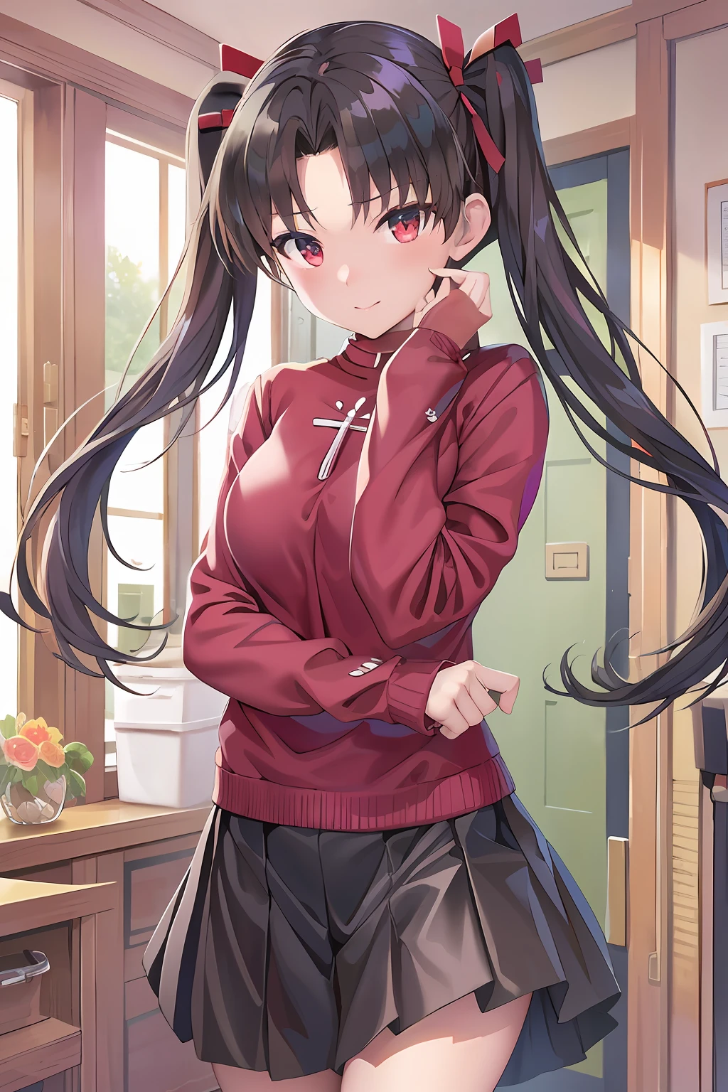 (best quality), [masterpiece], ((beautiful:0.75) cute girl:0.75), [clear and clean] pixiv (illustration), ((RinTohsaka)), black hair, black skirt, red sweater,  twintails,