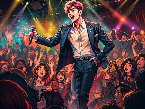 In the midst of a grand concert, a dashing K-pop singer commands the stage, the warm glow of a spotlight illuminating him as he ...