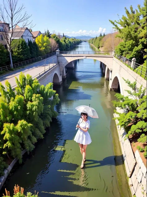 there is a woman on the stone arch bridge woman holding a white umbrella there are willow trees next to the bridge there is a cl...