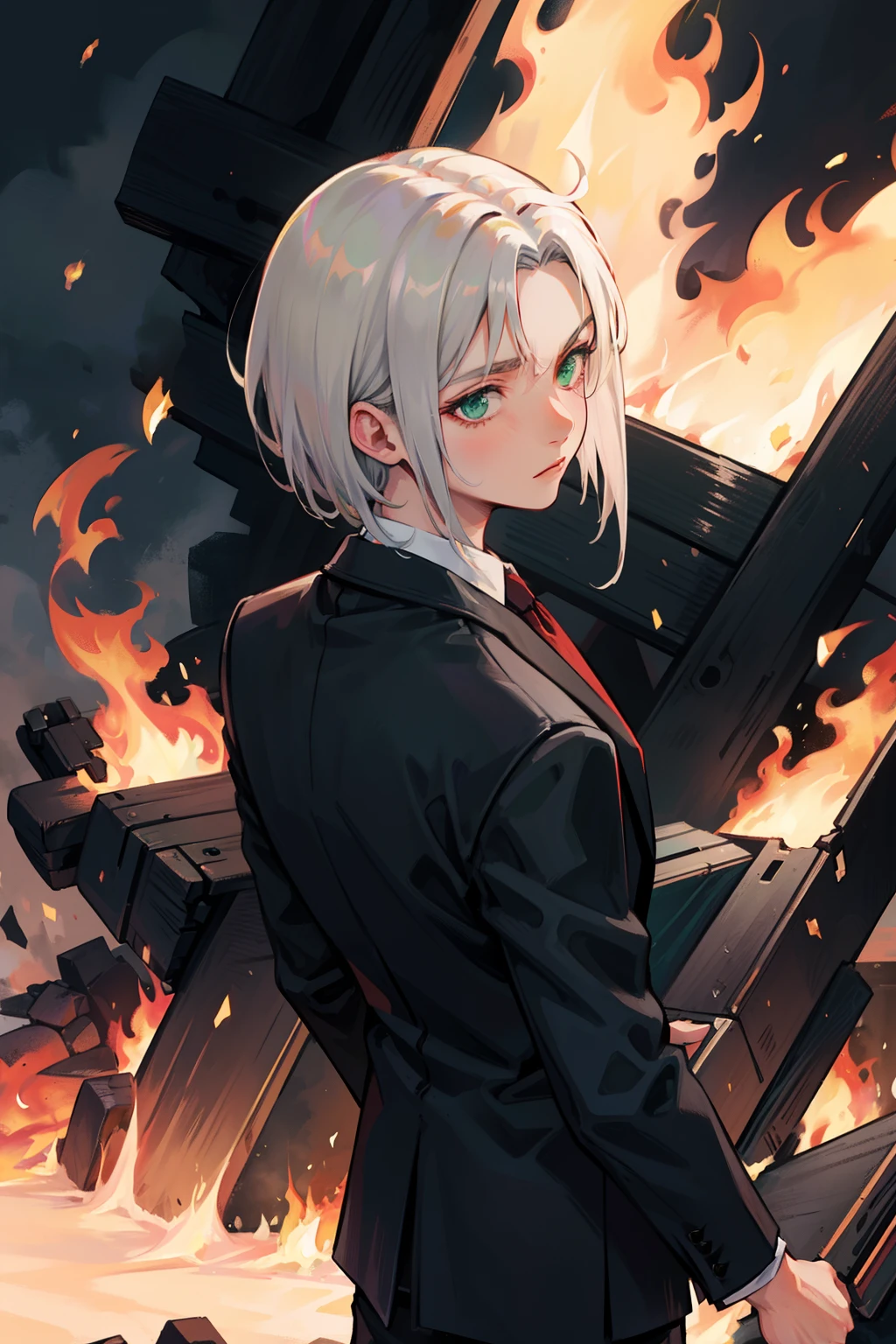 (masterpiece), best quality, detailed hair detailed face, ultra high res, sharp focus, ((1 young man, solo)), perfect masculine face, back view, close up, looking to the side, (look away), (at the night time:1.2), (in the burning place:1.3), surrounded in fire, Sephiroth from Final Fantasy, silver white hair, (short hair:1.4), ((perfect shape eyes, green eyes)), (formal all black outfit:1.2)
