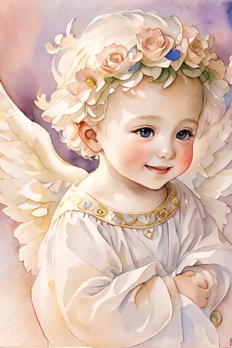Blessings of Angels､Bright background、heart mark、tenderness､A smile、Gentle､Baby Angel､jugendstil、watercolor paiting