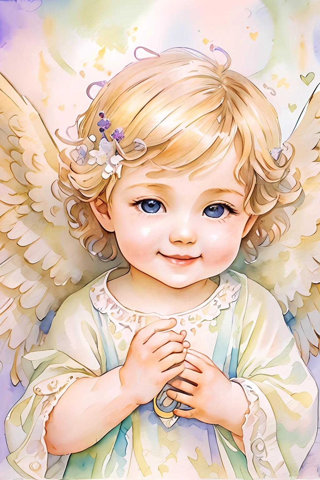 Blessings of Angels､Bright background、heart mark、tenderness､A smile、Gentle､Baby Angel､jugendstil、watercolor paiting