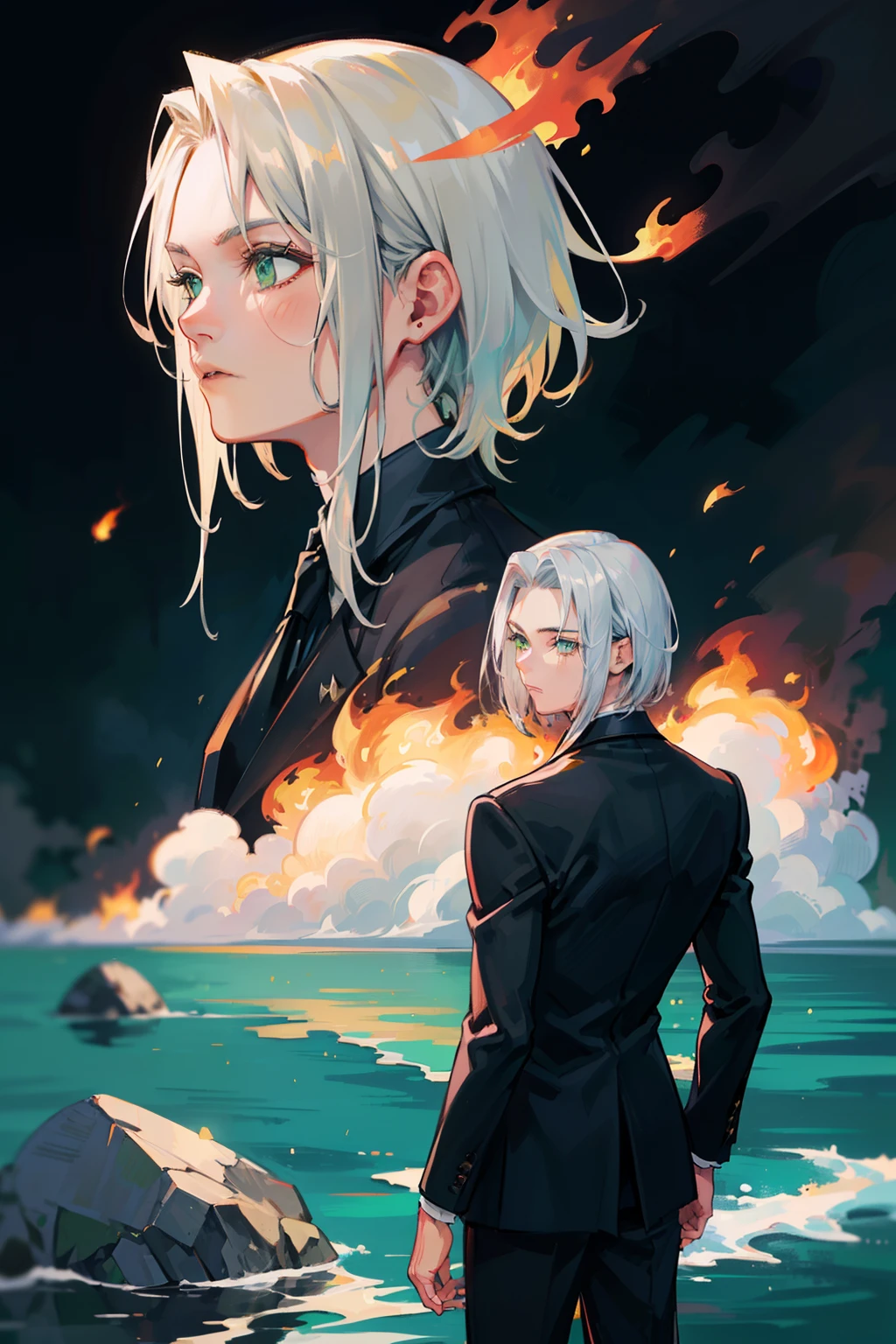 (masterpiece), best quality, detailed hair detailed face, ultra high res, sharp focus, ((1 young man, solo)), perfect handsome face, back view, close up, (look away), (in the burning place:1.3), surrounded in fire, Sephiroth from Final Fantasy, silver white hair, (short hair:1.4), ((perfect shape eyes, green eyes)), (formal all black outfit:1.2), black tie
