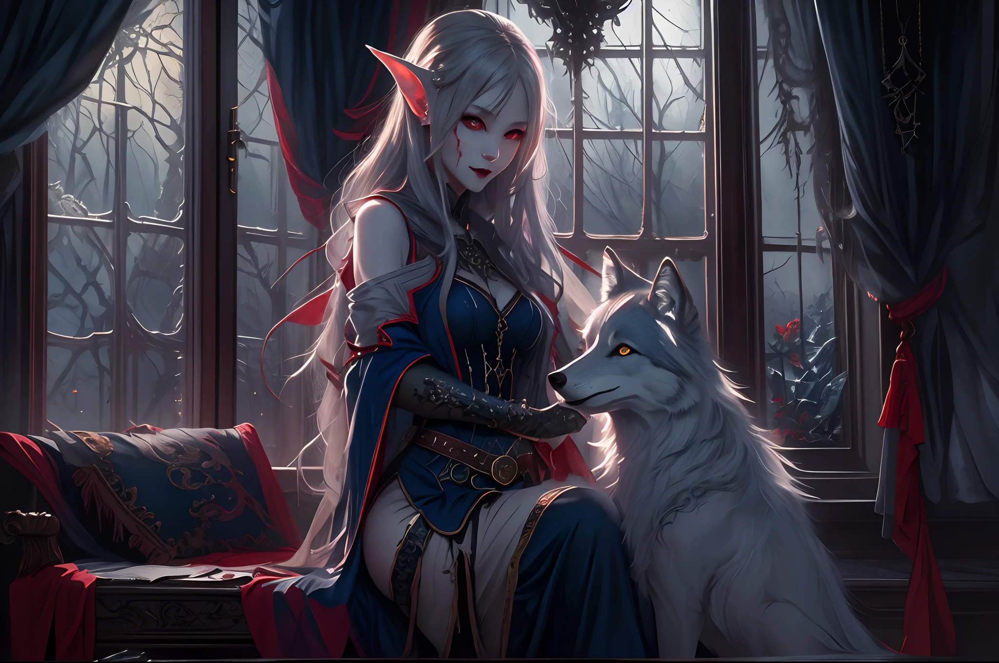 a picture of vampire elf in her castle and her pet wolf, an exquisite beautiful female elf vampire (ultra detailed, Masterpiece, best quality), full body, ultra detailed face (ultra detailed, Masterpiece, best quality), grey skin, blond hair, hair in a ponytail, long hair, blue eyes, cold eyes, glowing eyes, intense, eyes small pointed ears, smirking, smile with drops of blood on face (ultra detailed, Masterpiece, best quality), dark red lips, [vampire fangs], wearing white dress (ultra detailed, Masterpiece, best quality), dark blue cloak, high heeled boots in dark fantasy library, with an big grey wolf (Masterpiece, best quality) book shelves, high details, best quality, 8k, [ultra detailed], masterpiece, best quality, (ultra detailed), full body, ultra wide shot, photorealism, dark fantasy art, gothic art, moon light coming through the window, moon rays, gothic art, sense of dread, sense of seduction