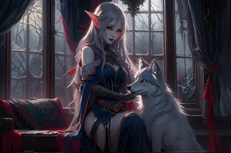 a picture of vampire elf in her castle and her pet wolf, an exquisite beautiful female elf vampire (ultra detailed, Masterpiece,...