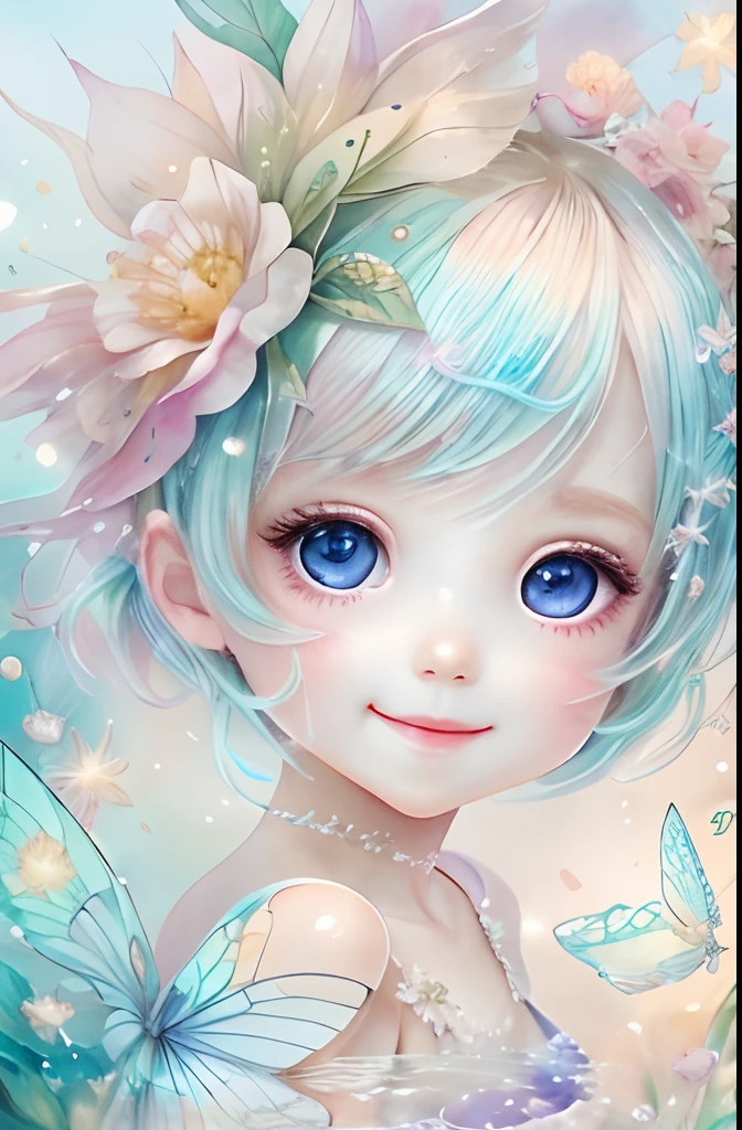 Beautiful fairy with a sense of transparency､Beautiful sparkling ocean、Transparent feathers､kindly smile､Summer background､Gentle and transparent fairy､Watercolor Paint､Baby