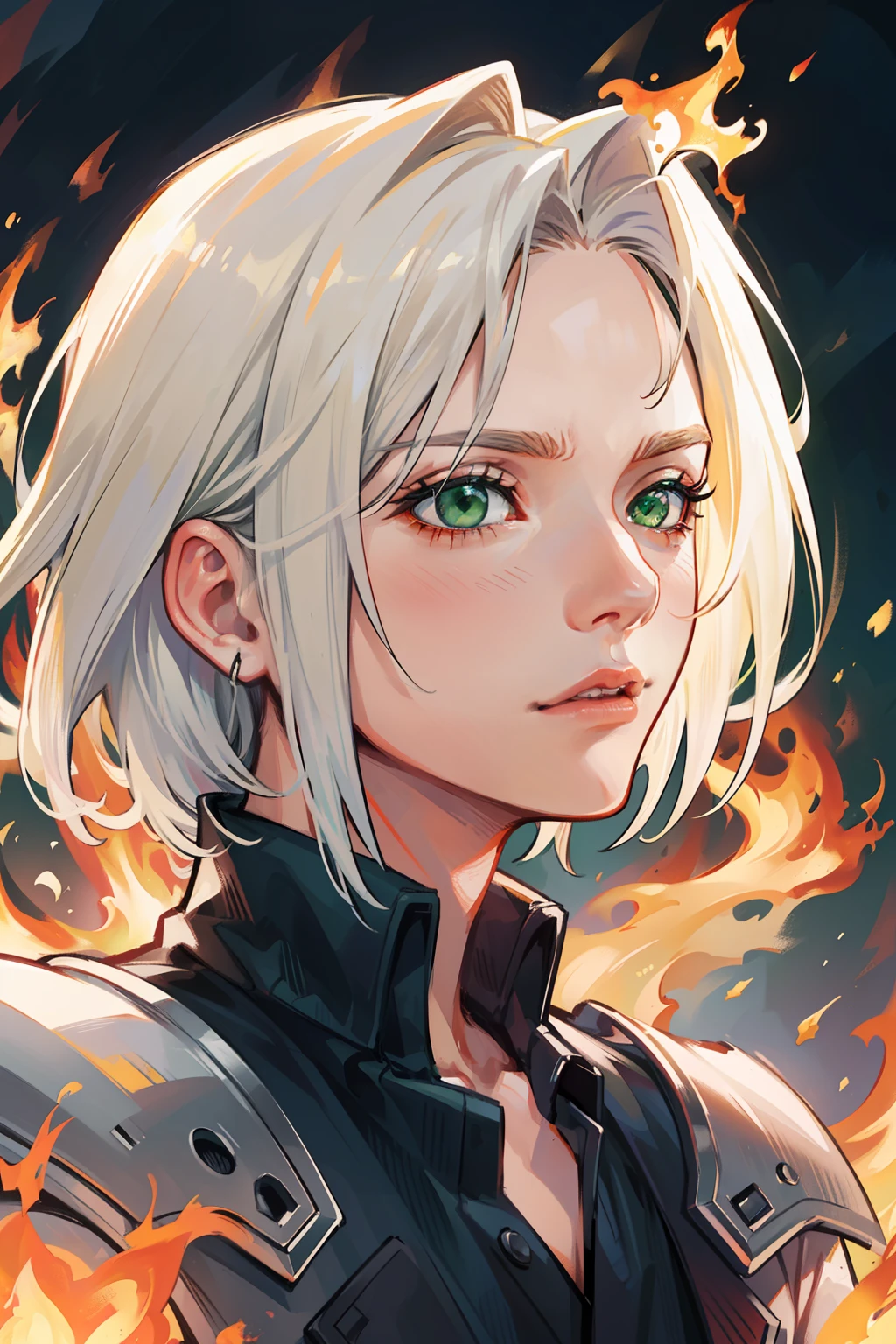 (masterpiece), best quality, detailed hair detailed face, ultra high res, sharp focus, ((1 young man, solo)), perfect handsome face, masculine look, close up, shoulder view, (look away), (in the burning place:1.3), surrounded in fire, Sephiroth from Final Fantasy, silver white hair, (short hair:1.4), ((perfect shape eyes, green eyes))