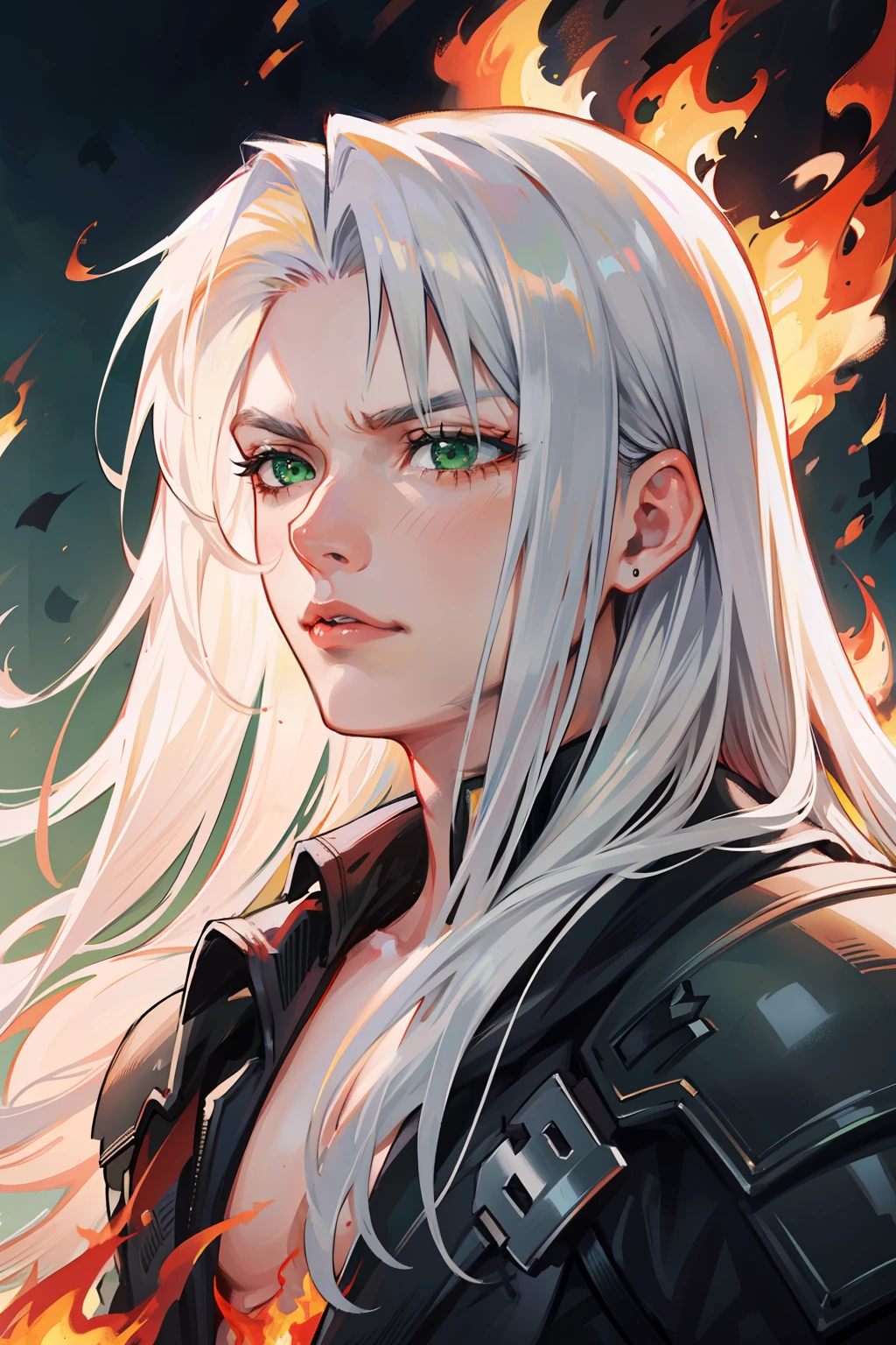 (masterpiece), best quality, detailed hair detailed face, ultra high res, sharp focus, ((1 young man, solo)), perfect handsome face, masculine look, close up, shoulder view, (look away), (in the burning place:1.3), surrounded in fire, Sephiroth from Final Fantasy, silver white hair, long hair, grumpy face, ((perfect shape eyes, green eyes))