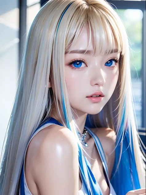 1 girl、portlate、student clothes、blue-sky、Bright and very beautiful face、年轻, shiny white shiny skin、Best Looks、Blonde hair with d...