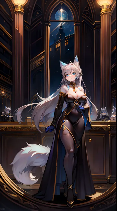opera house，Big-tailed wolf，blue color eyes，Gray hair，female，Composer's costume