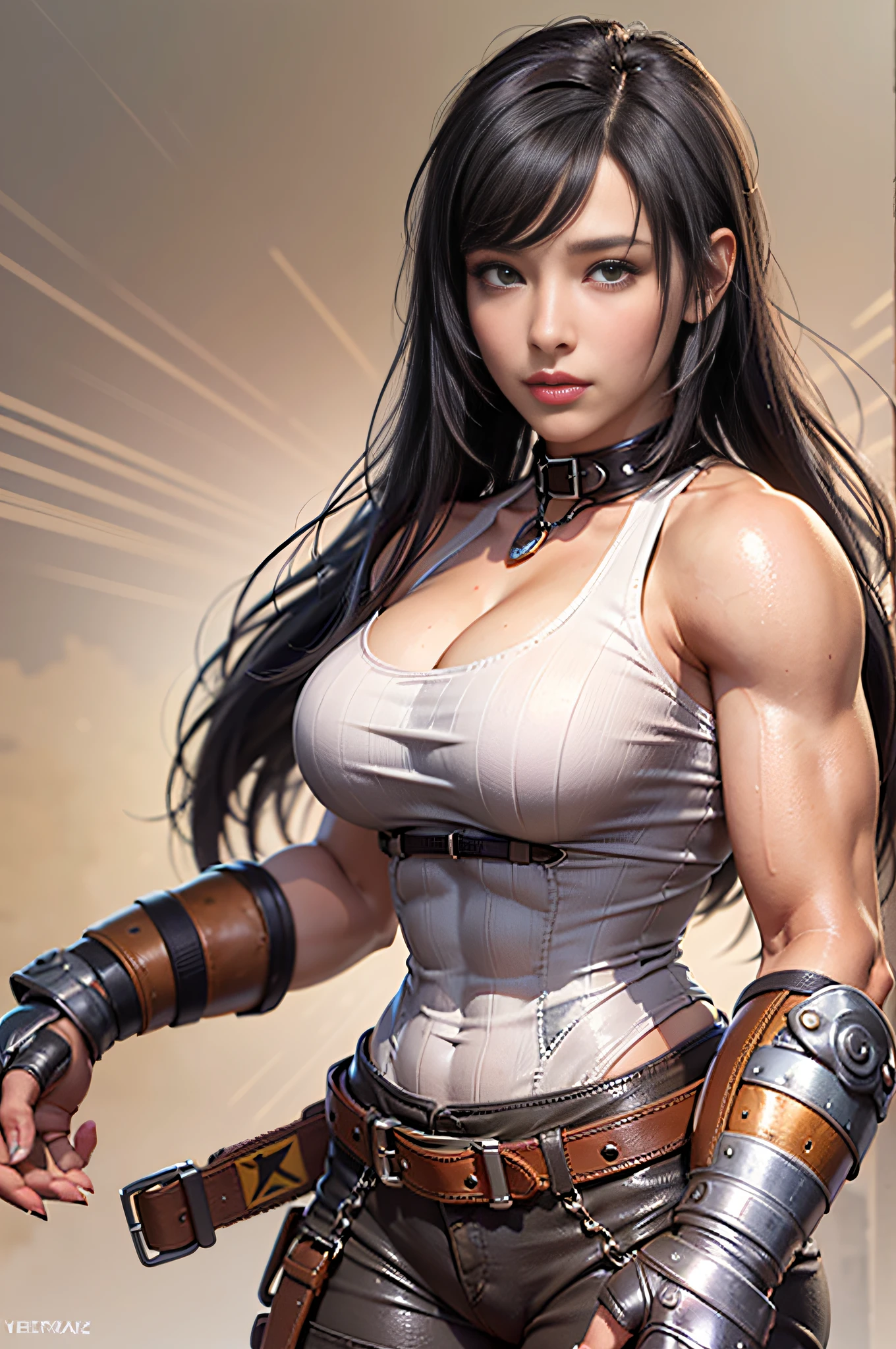 (Masterpiece, ultra detailed: 2), (best quality: 2), (beautiful woman: 2), (beautiful face: 2), (venus body: 2), full body, big and tall muscular Tifa Lockhart with an enormous chest in bikini, small waist, lean muscles, full_breasts, very big pectorals, very big chest, ripped clothes, heaviest_breasts,