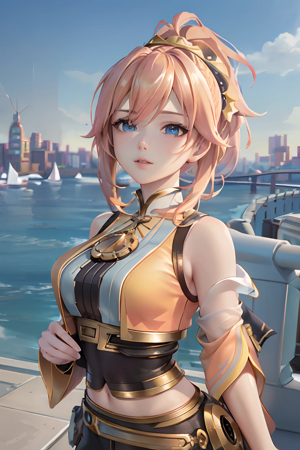 masterpiece, best quality, (detailed eyes and skin), ((realistic)), jixiaoman, 1girl, blonde_hair, pink_hair, yellow_clothes, black_clothes, blue_eyes, blue_sky, blurry, blurry_background, blurry_foreground, (modern_city:1.5), medium_breasts, motion_blur, nose, outdoors, photo_\(medium\), plant, short_hair, sky, solo, upper_body,