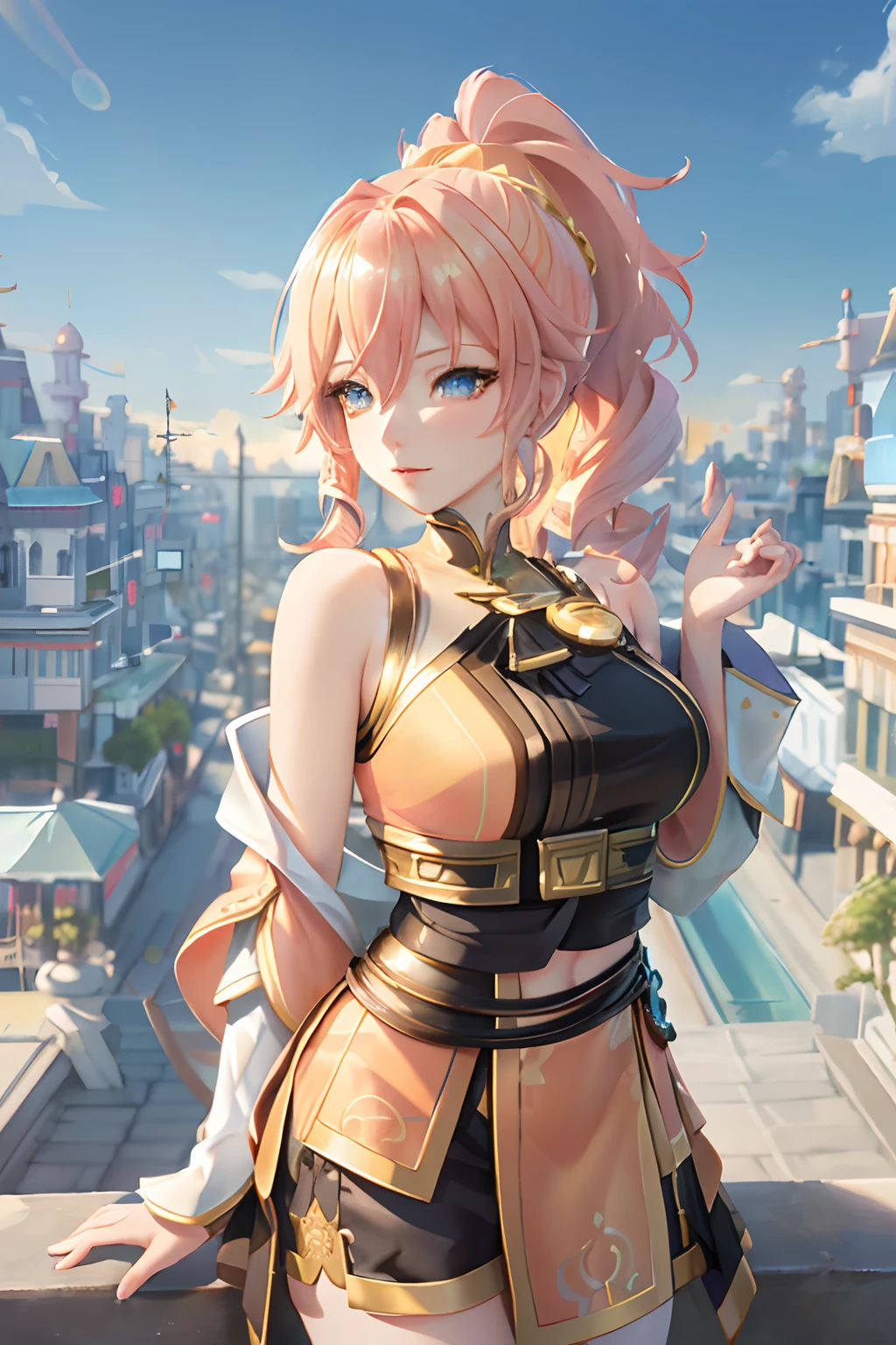 tmasterpiece, best quality, (Detailed eyes and skin), ((realistic)), jixiaoman, 1girl, blonde_hair, pink_hair, yellow_clothes, black_clothes, blue_eyes, blue_sky, blurry, blurry_background, blurry_foreground, (modern_city:1.5), medium_breasts, motion_blur,nase，exteriors，photore_\（Curly\），a plant，short detailed hair，Skysky，独奏，The upper part of the body，Ancient city walls