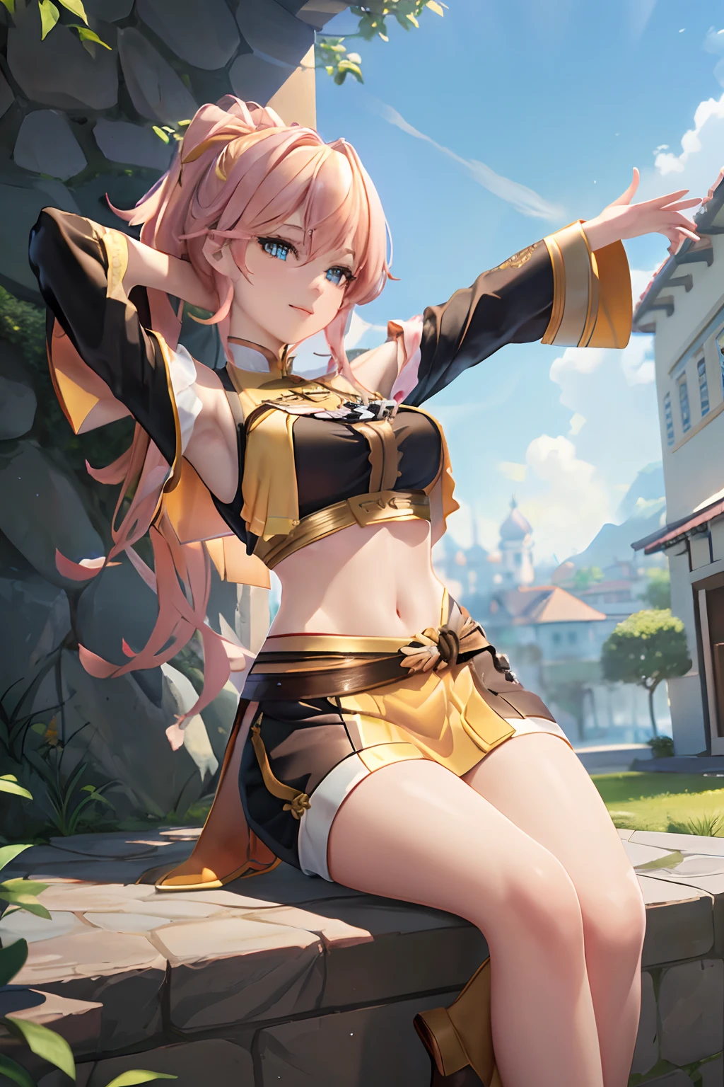 tmasterpiece, Best quality, (Detailed eyes and skin), ((Realistic)), jixiaoman, 1girll,A girl stretches on campus，rays of sunshine， Blonde_Hair, Pink_Hair, Yellow_clothes, black_clothes, Blue_Eyes, Blue_sky, Blurry, Blurry_Background, Blurry_foreground,, mediating_Breasts, Exercise_bblurry,nase，exteriors，photore_\（curly\），A plant，short detailed hair，独奏，