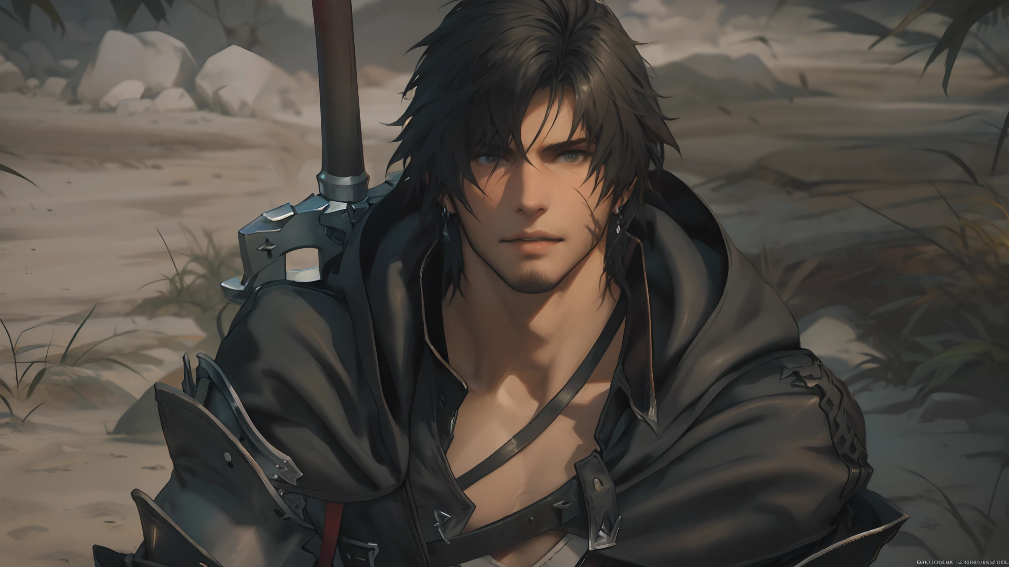 Arafed Man with a black leather jacket holding a sword, Handsome prince, grateful waters, Final Fantasy character, Image of an adult warrior, Smiling male bard, From Final Fantasy, Thancred Waters in the style of Wlop, Portrait of Thancred, Kaladin Stormblessed, ending style + fantasy + 1 5, male character