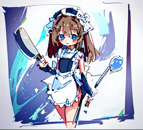 masterpiece, best quality, a drawing of a girl with a knife and a hat, brown hair, blue eyes, maid outfit, small curvy loli, cle...