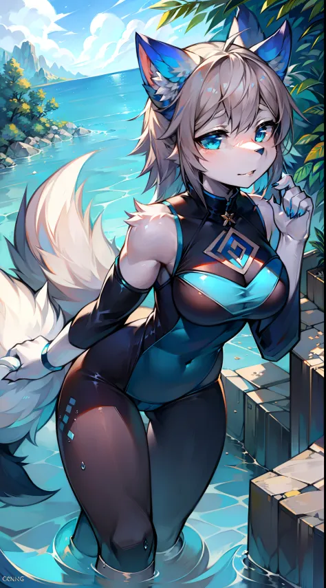 water，Big-tailed wolf，blue color eyes，Gray hair，on cheongsam