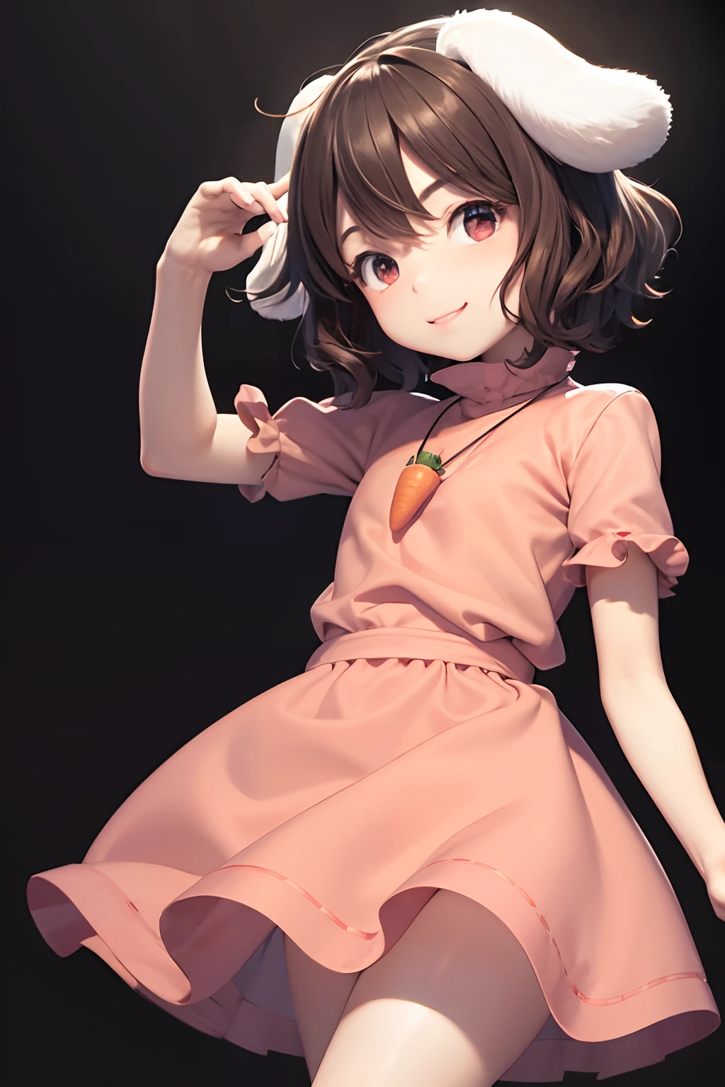 masterpiece, best quality, 1girl,smile,inaba tewi, short hair,brown hair,rabbit ears, red eyes, pink dress,short sleeves, carrot necklace,grey background,