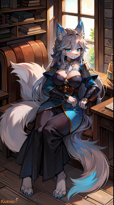 Middle Ages style，Big-tailed wolf，blue color eyes，grey long hair，female，