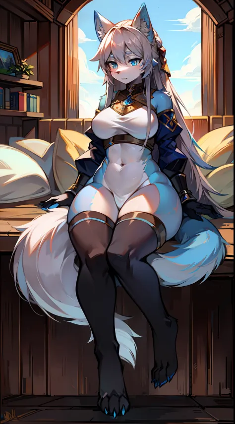 Middle Ages style，Big-tailed wolf，blue color eyes，grey long hair，female，