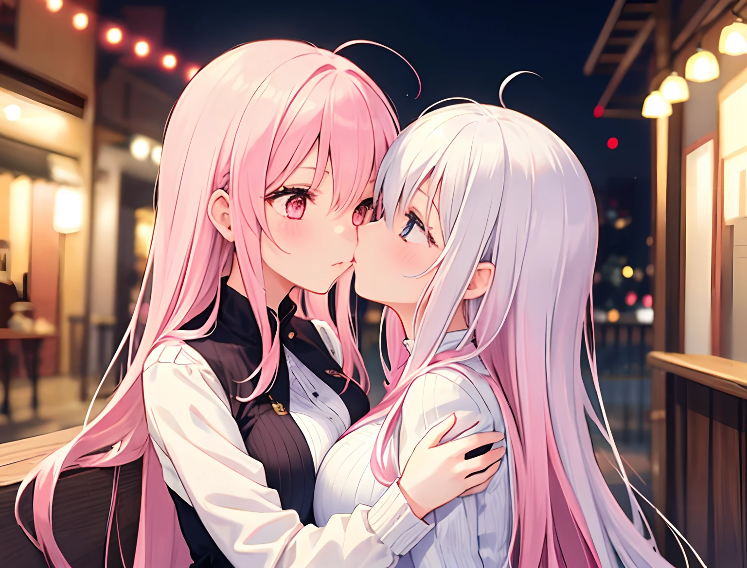 2girls，Girl1：，adolable，A pink-haired，long whitr hair，only wear bar，girl 2：white hair，only wear bar，long whitr hair，kiss，touch each ohter's breast