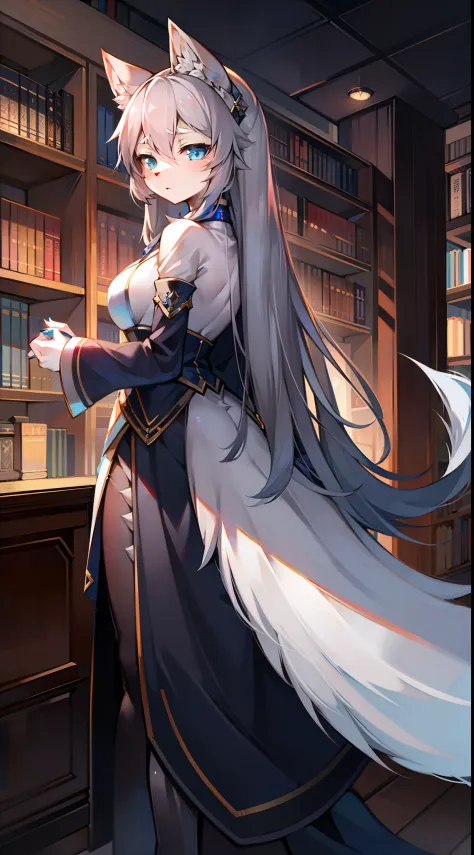 libraryai，Big-tailed wolf，Female，Blue eyes Long gray hair，Elegant scholarly attire