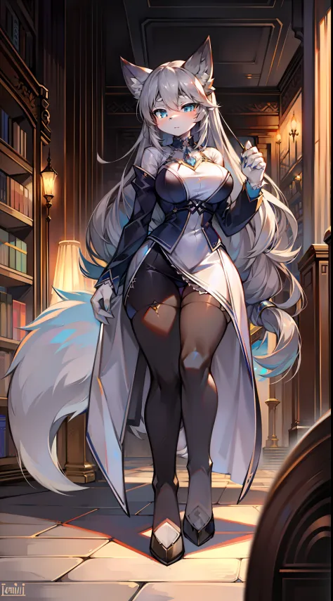 libraryai，Big-tailed wolf，Female，Blue eyes Long gray hair，Elegant scholarly attire